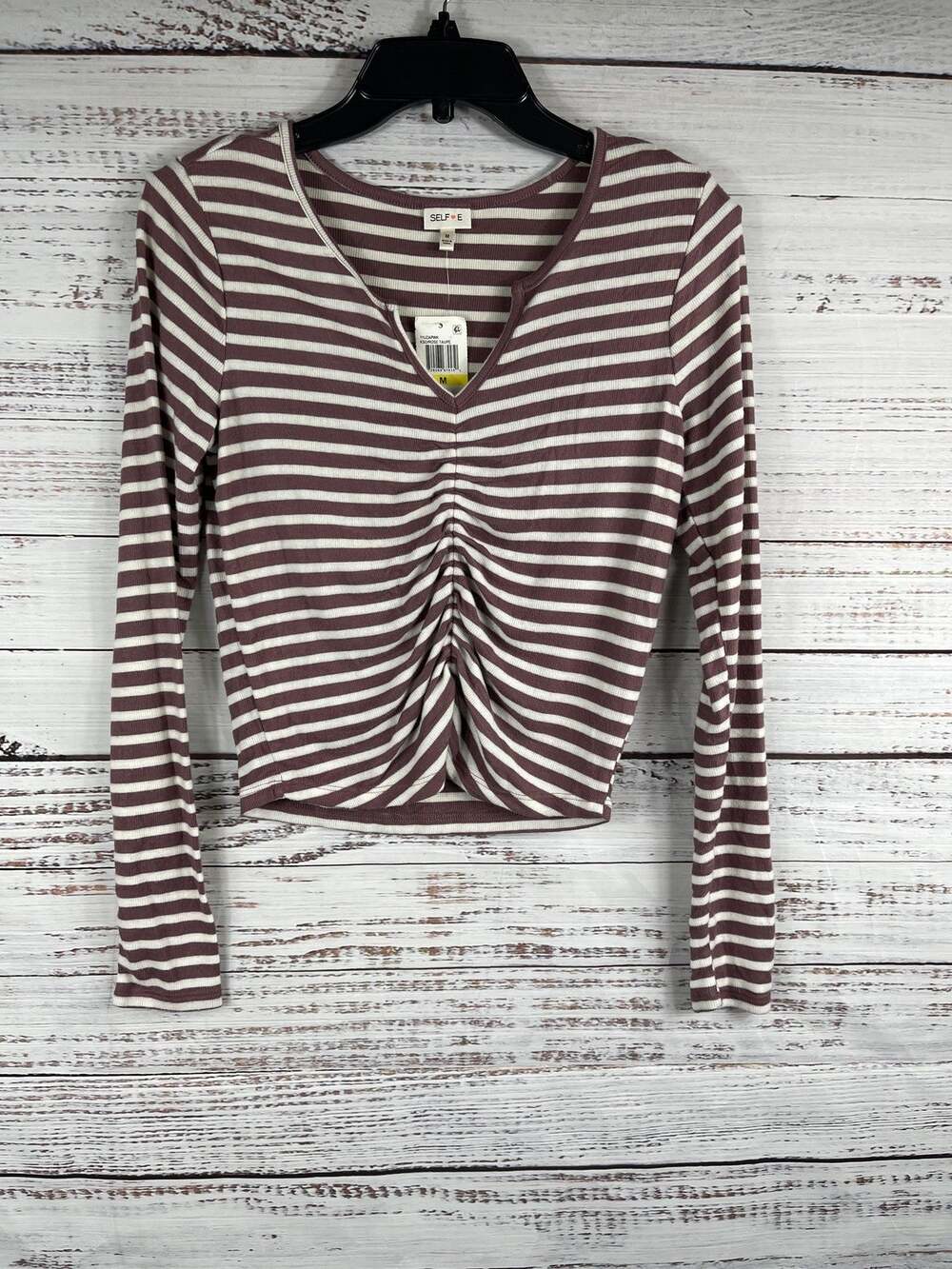 Selfie Shirt Women's Size M Rose Taupe Striped Long Sleeve Ruched Front Top